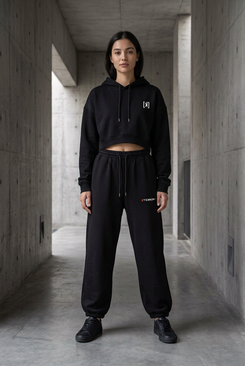 ARTIFACT 04 model wearing pants and black cropped hoodie