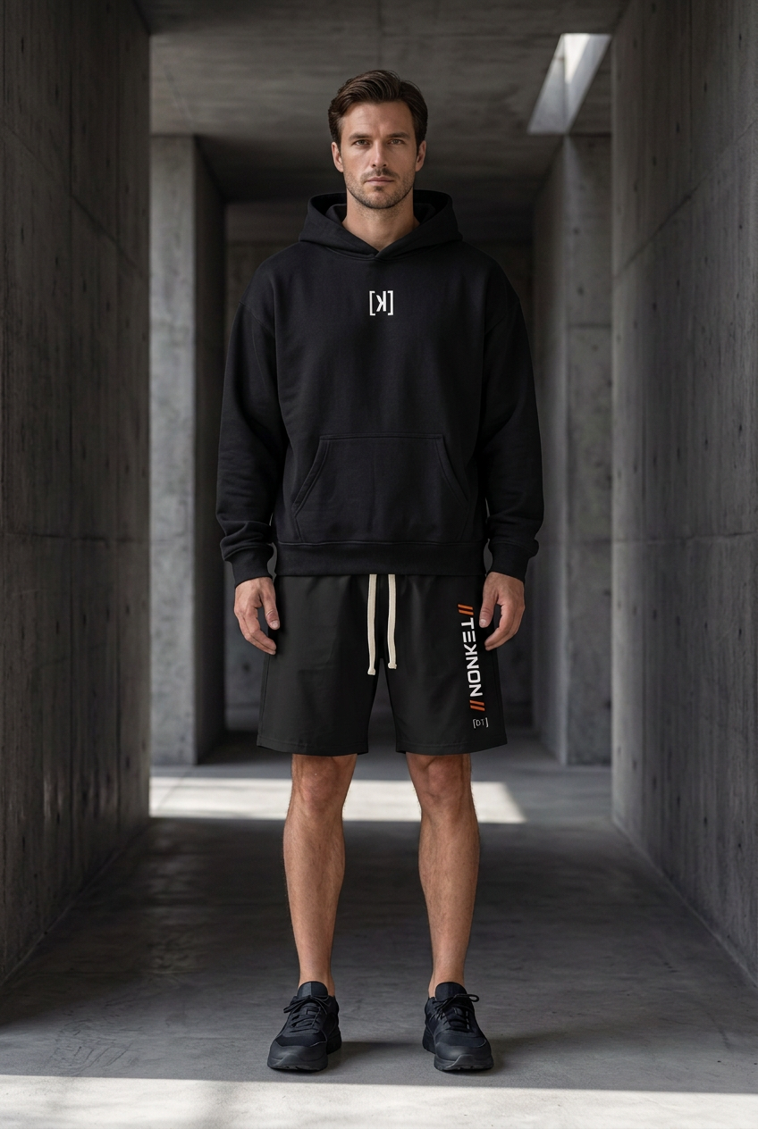 ARTIFACT 05 model wearing shorts and black hoodie